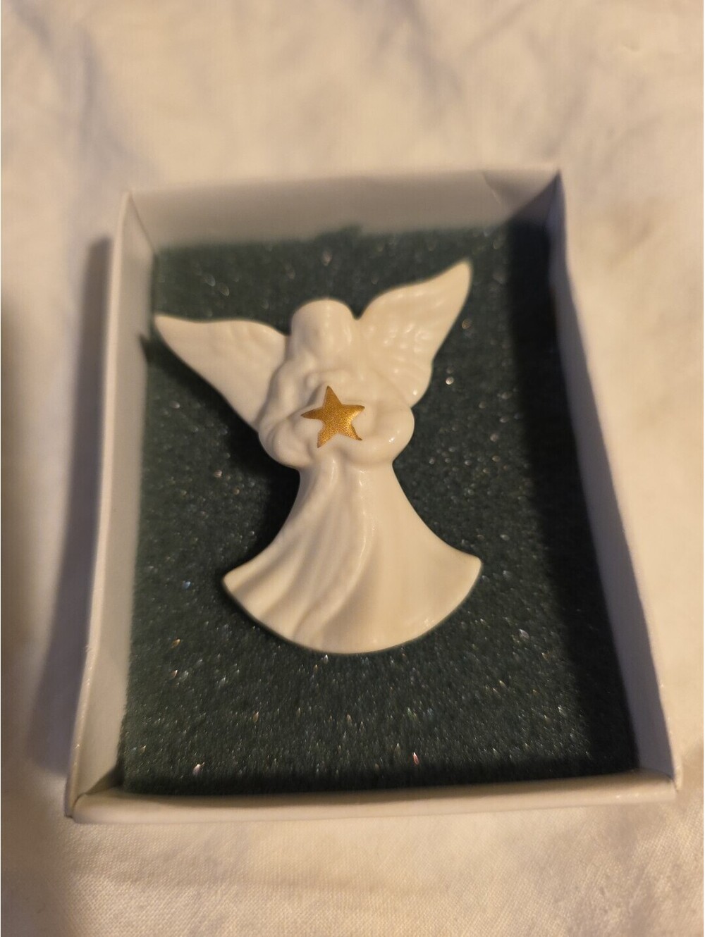 Signed Lenox Porcelain Angel Holding Star Pin Brooch